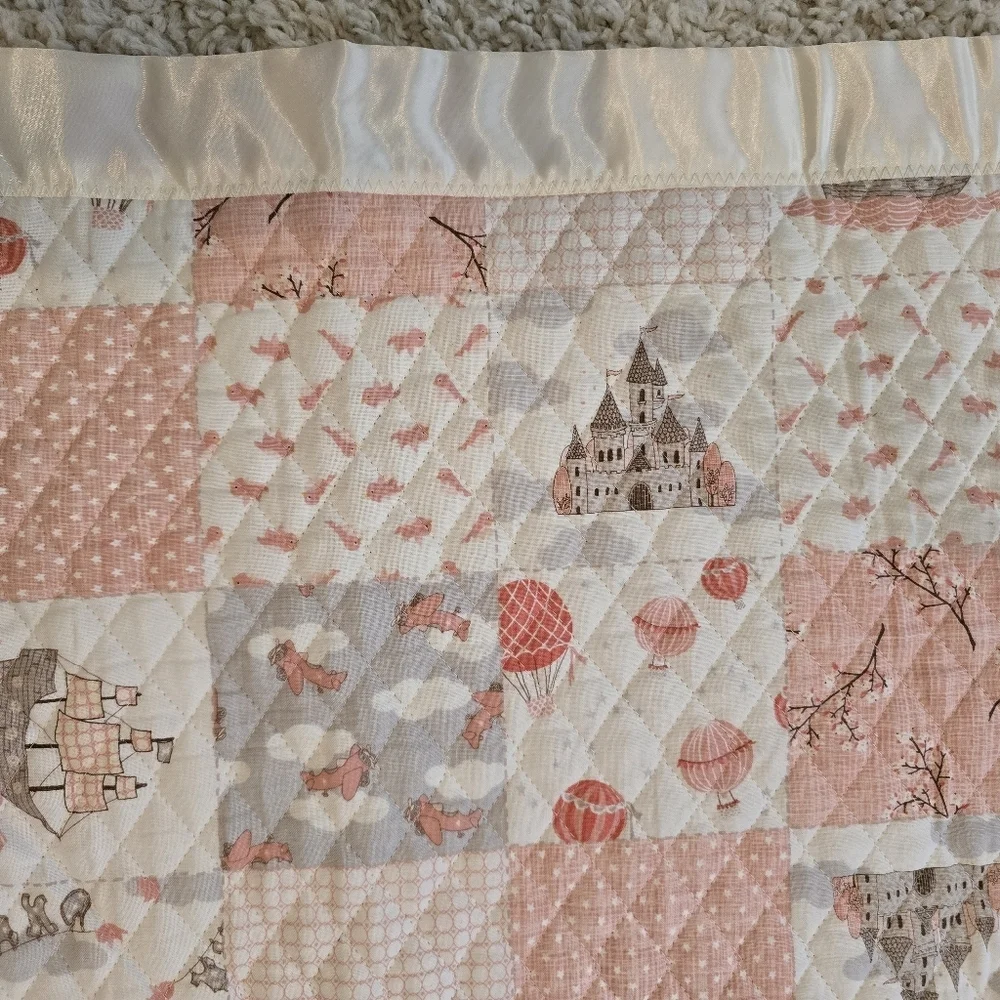 Precious Hand Made Baby Quilt Satin Edge Castles Sailboats Hotair Balloons